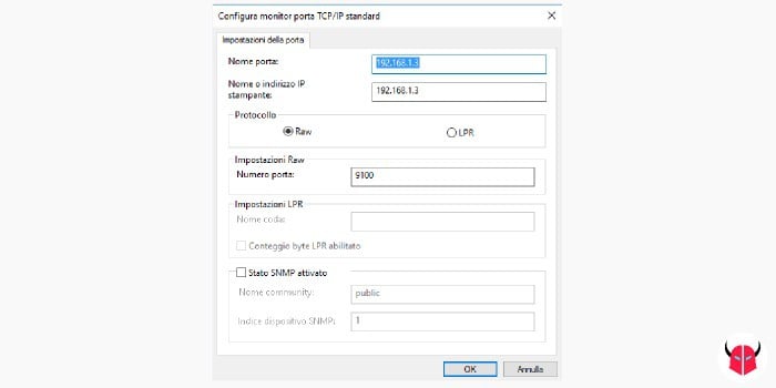 risolvere il problema stampante offline Windows di rete SNMP