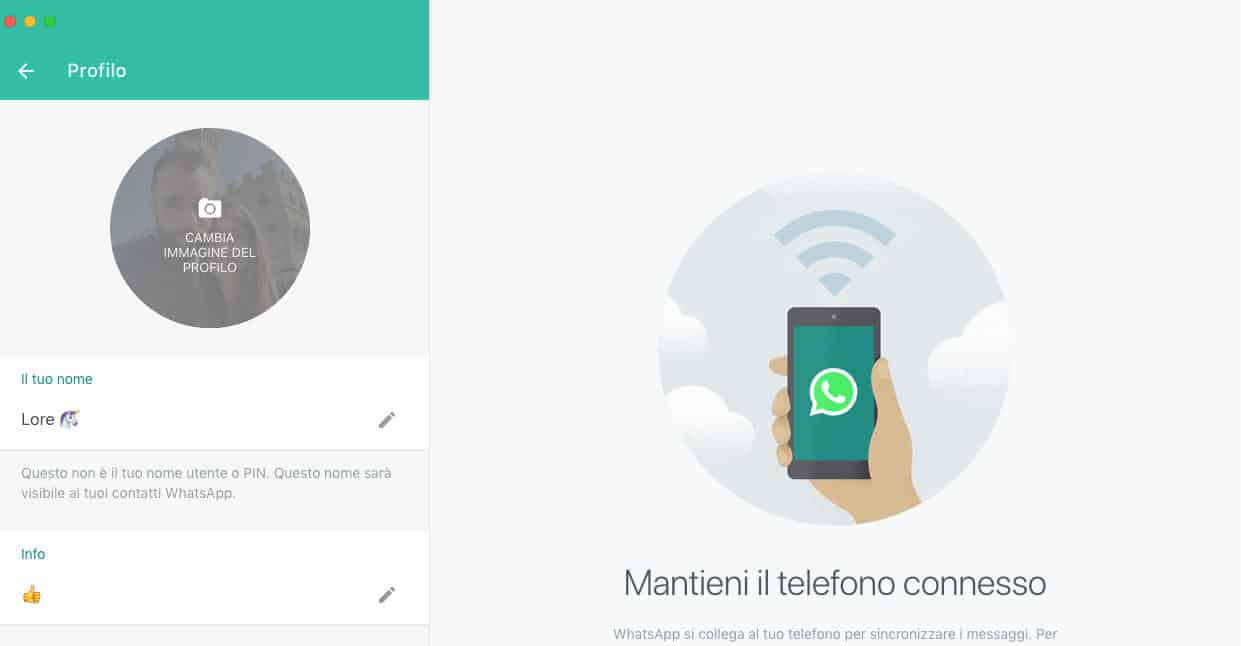 come cambiare immagine contatti WhatsApp accesso remoto WA desktop