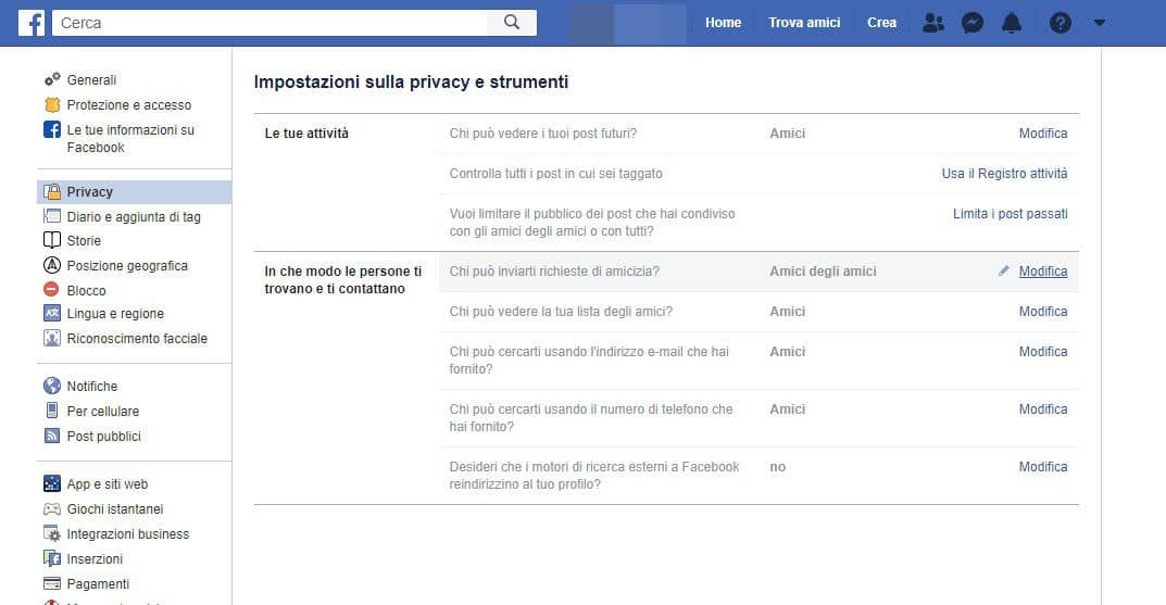 come nascondere il profilo Facebook impostazioni privacy PC