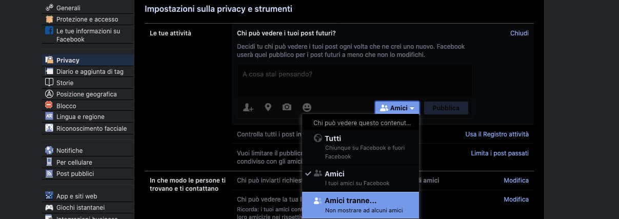 come nascondere il profilo Facebook opzione Amici tranne