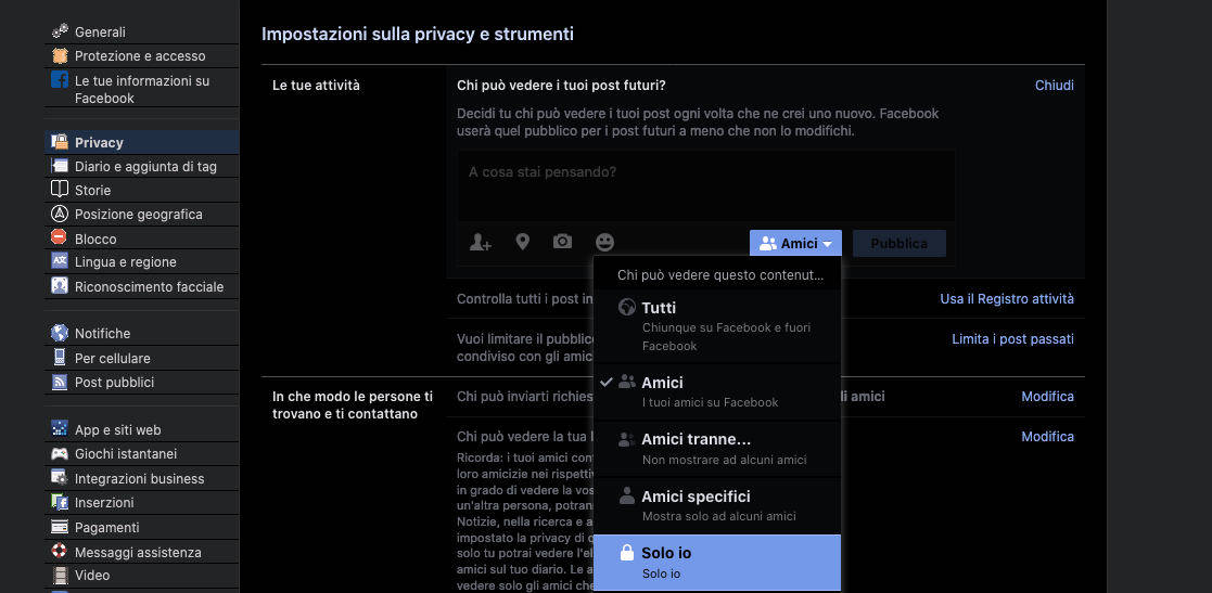 come nascondere il profilo Facebook opzione Solo io