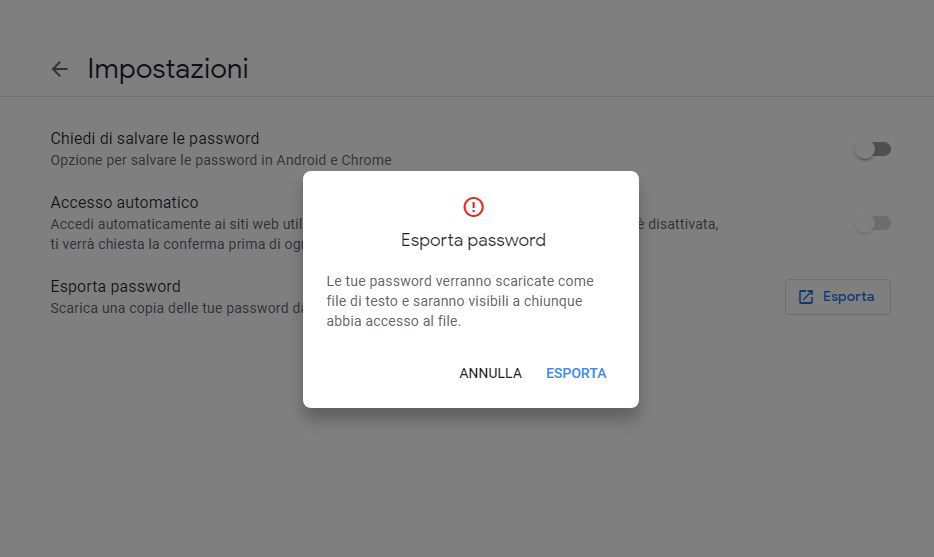 come recuperare le password da Chrome opzione Esporta password da account Google