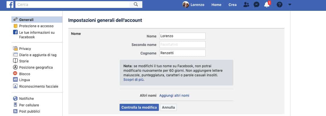 cambiare nome su Facebook sito web