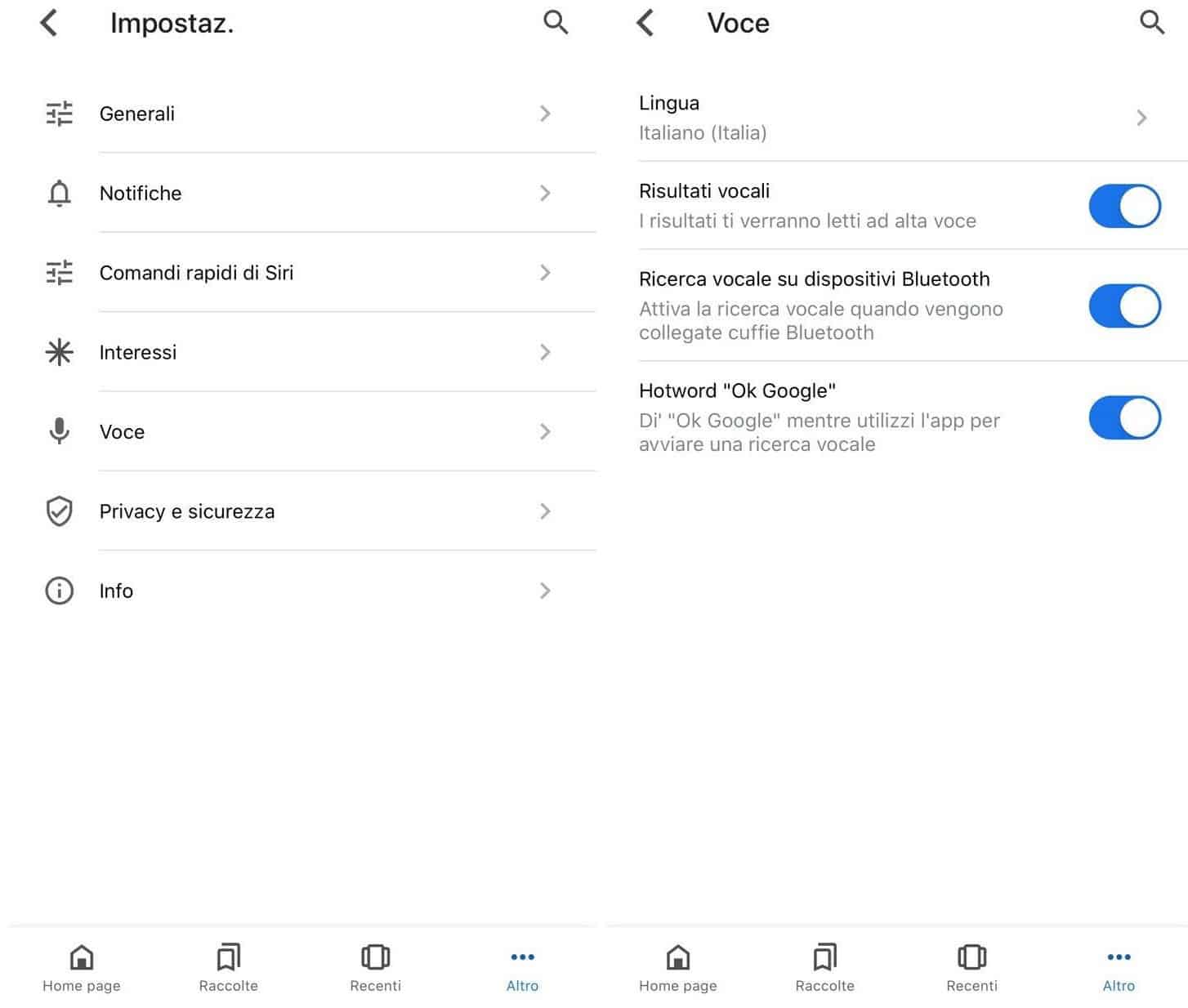 impostazioni iOS dell'assistente vocale Google