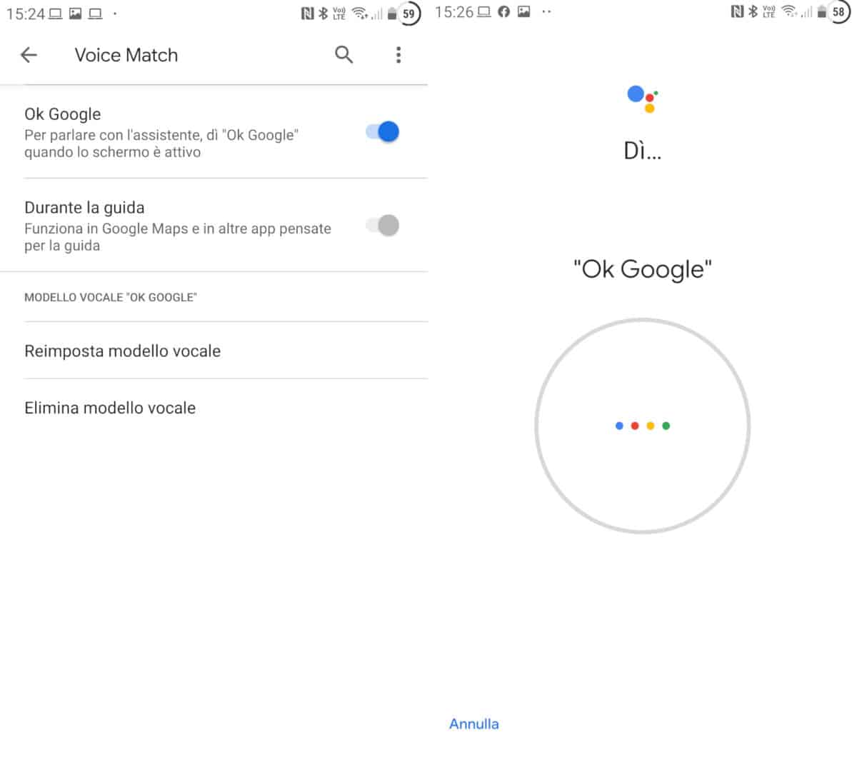 reimpostazione modello vocale di Google