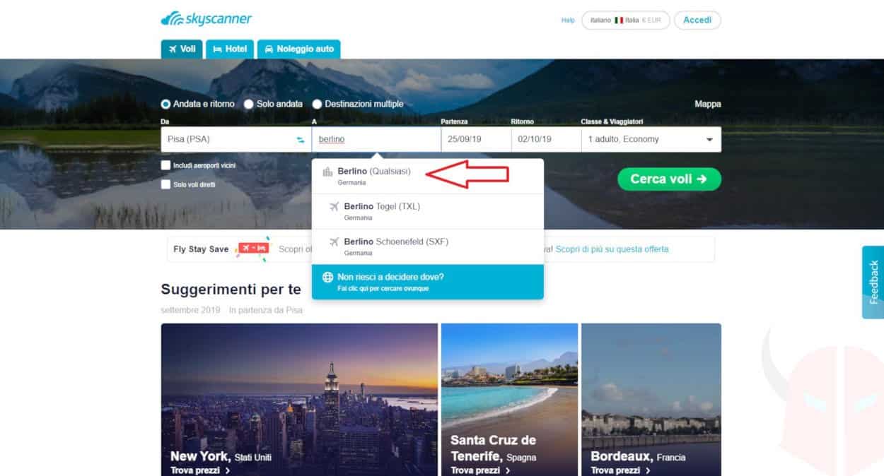 come prenotare un volo online esempio Skyscanner inserimento dati