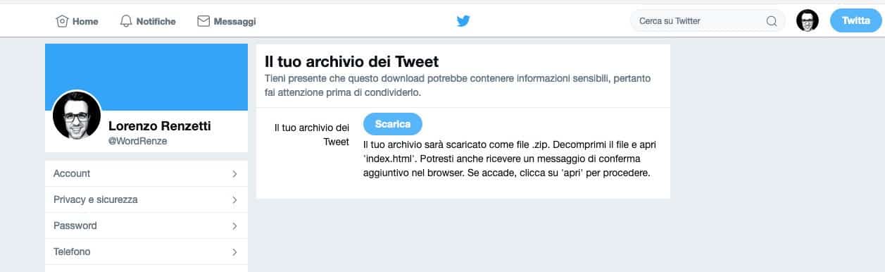 come scaricare archivio Tweet download