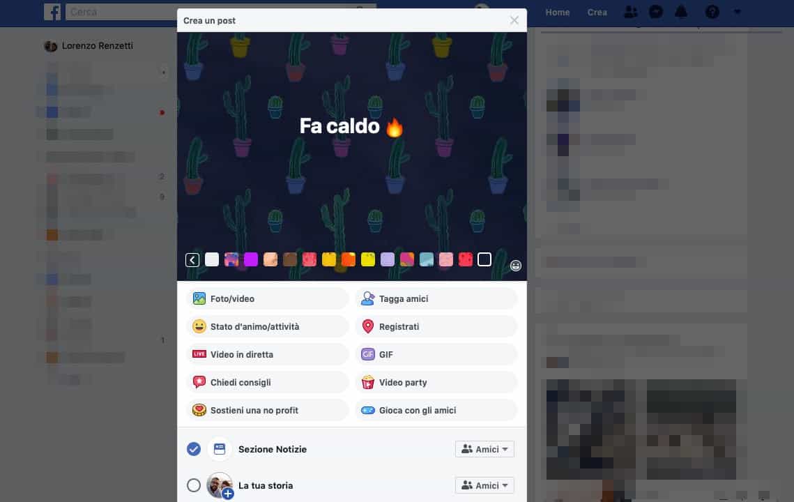 come scrivere su Facebook con sfondo colorato PC