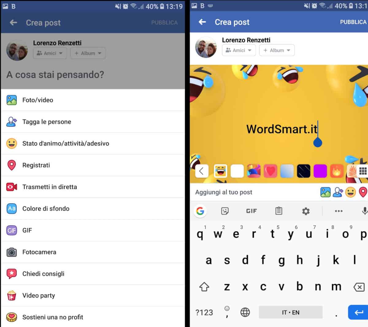 come scrivere su Facebook con sfondo colorato applicazione post