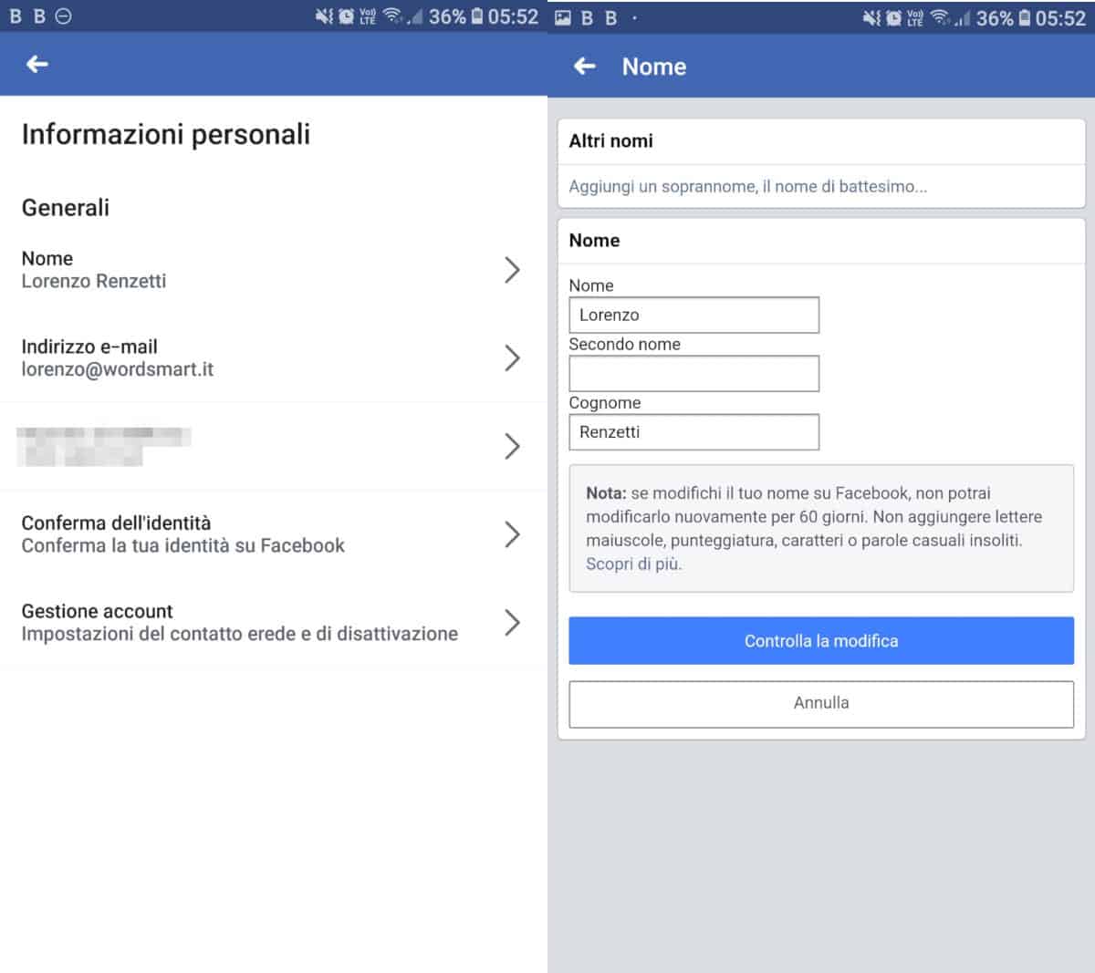 secondo nome Facebook modifica cellulare app