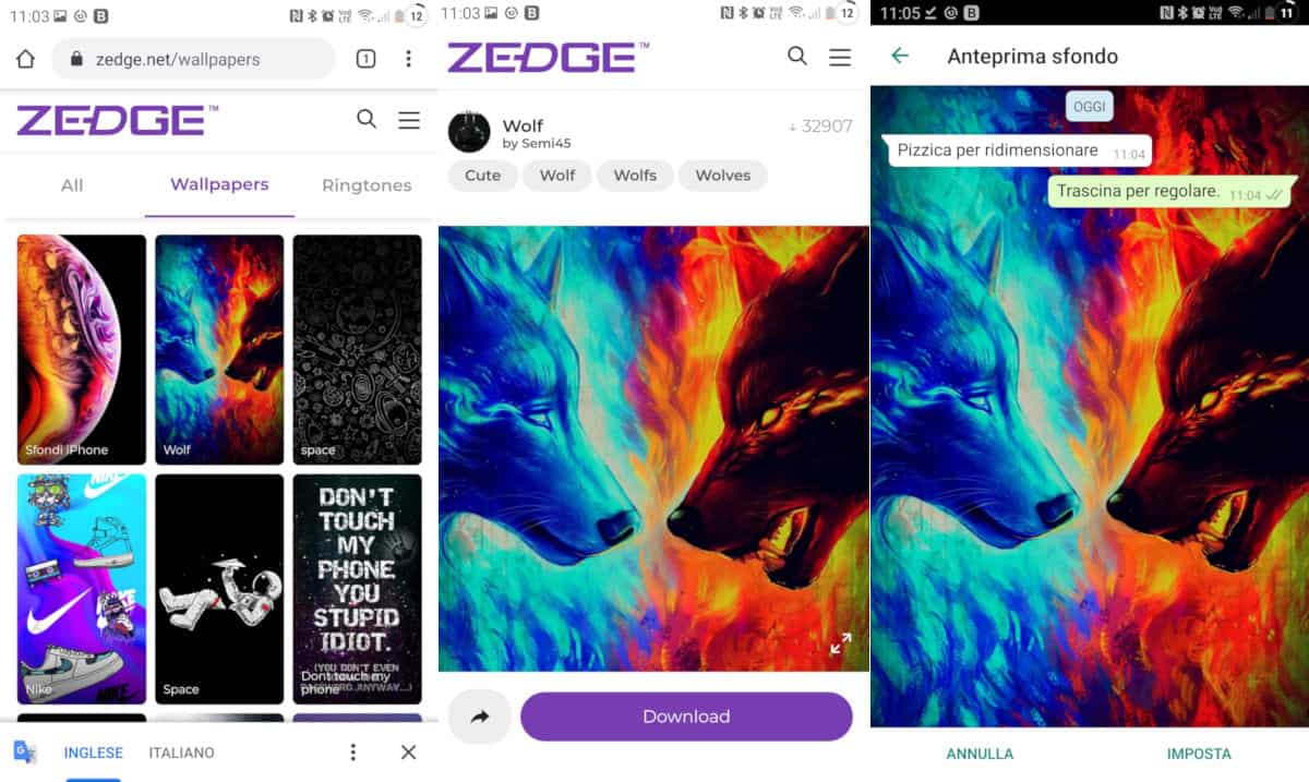 come cambiare lo sfondo su WhatsApp esempio sito Zedge