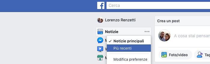 come vedere le notizie recenti su Facebook sito web PC