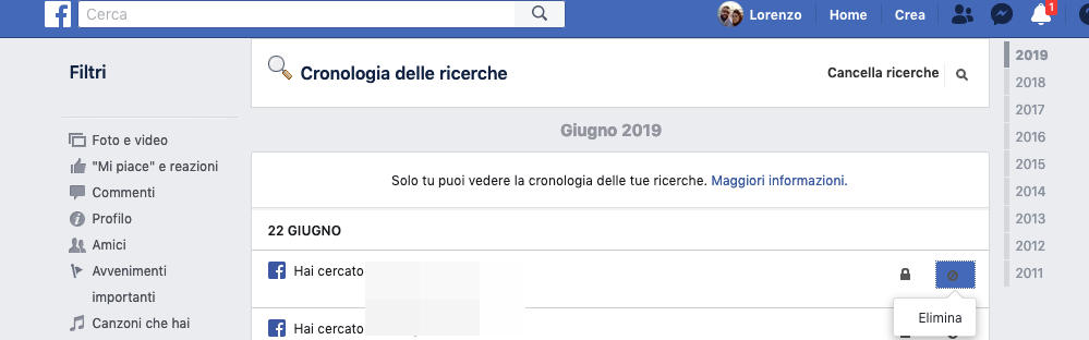 Come vedere tutte le ricerche fatte su Facebook