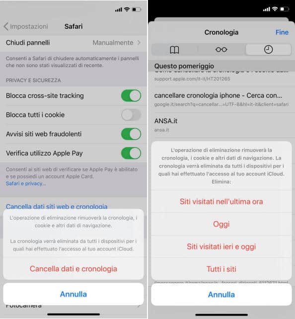 come cancellare la cronologia su iPhone Safari