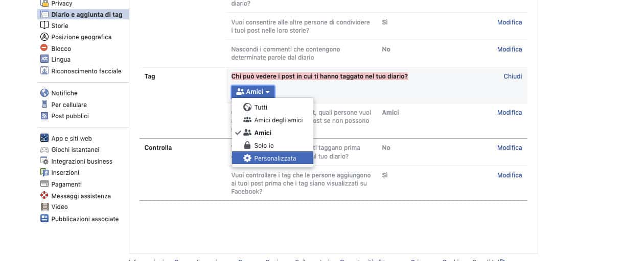 come disattivare le notifiche delle foto di Facebook opzione di privacy per i tag