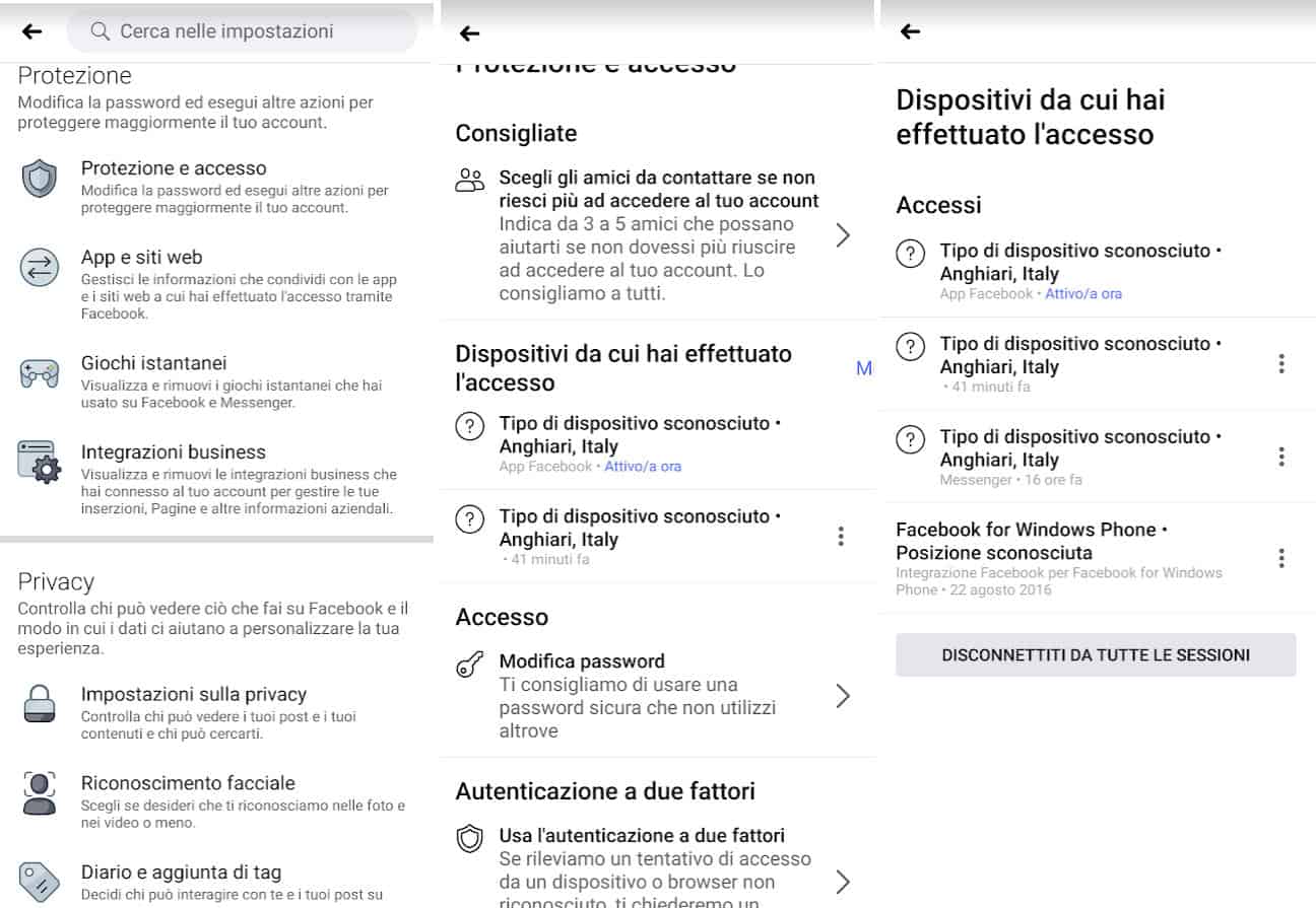 come vedere la posizione su Facebook sessioni