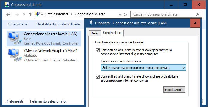 come condividere internet con un PC Windows 10 condivisione LAN