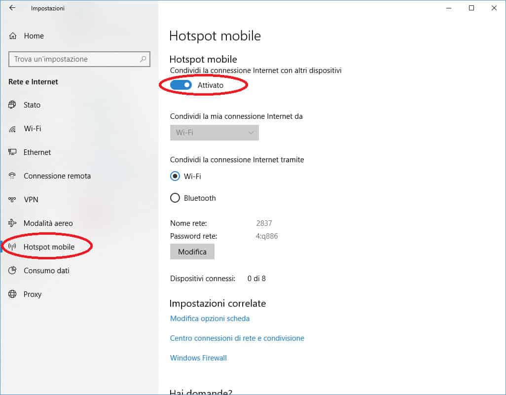 come condividere internet con un PC Windows 10 hotspot mobile