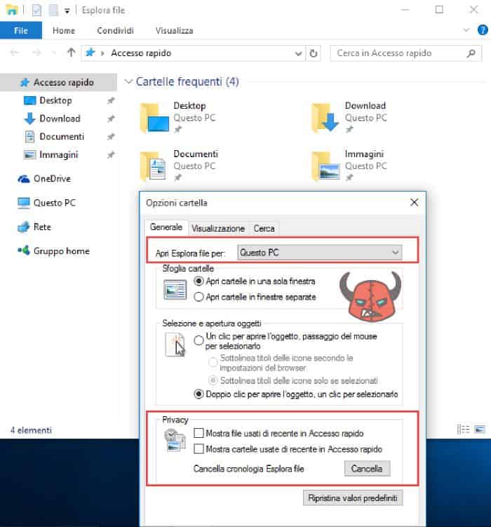 come eliminare accesso rapido Windows 10