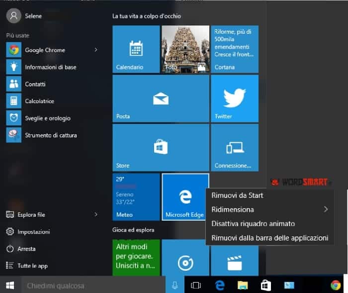 Come personalizzare menu start Windows 10