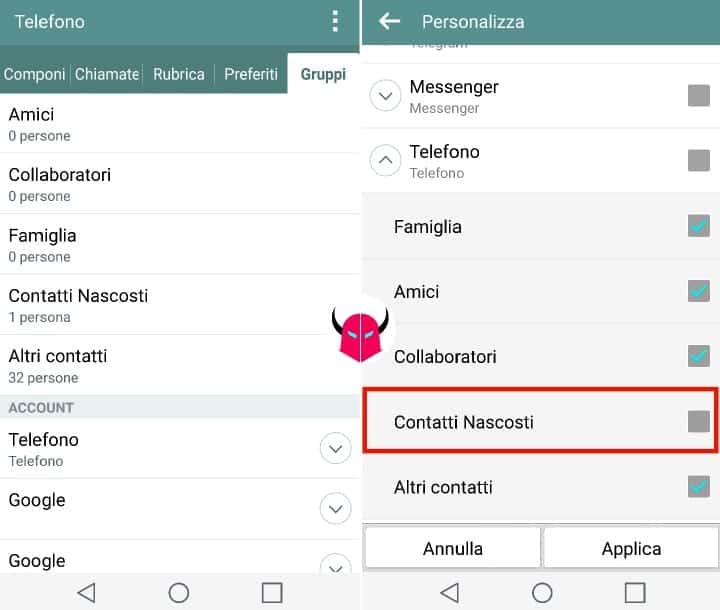 nascondere contatti su Android rubrica