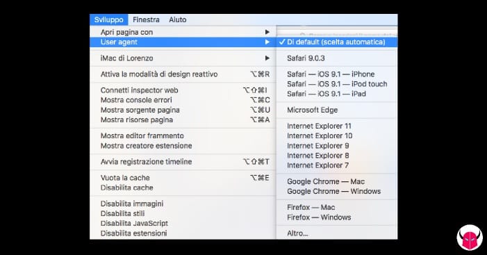 cambiare user agent su Safari menu sviluppo