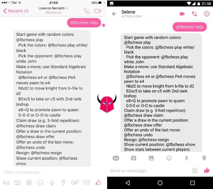 giocare a scacchi su Facebook Messenger comando aiuto