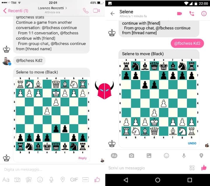 giocare a scacchi su Facebook Messenger muovere pedine