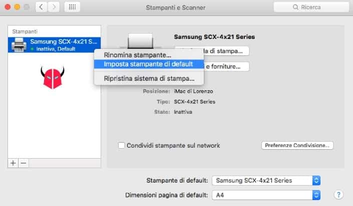 impostare stampante predefinita Mac OS X default