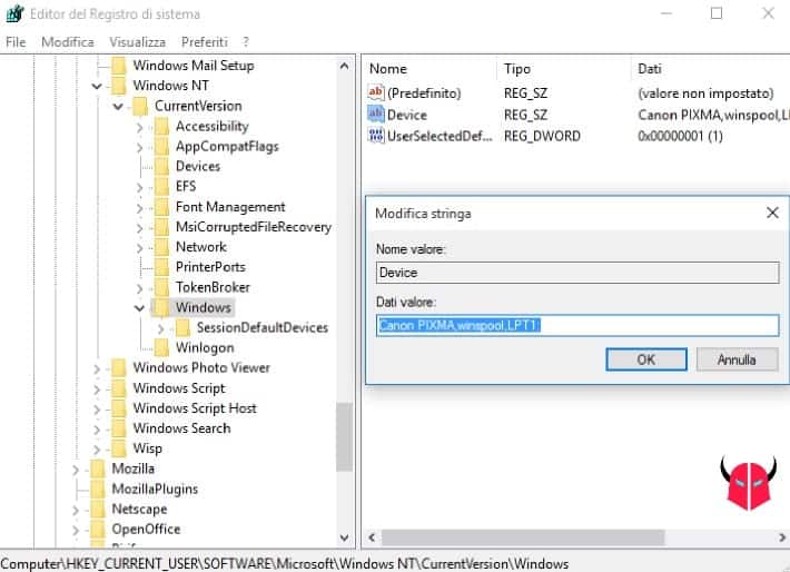 impostare stampante predefinita registro Windows