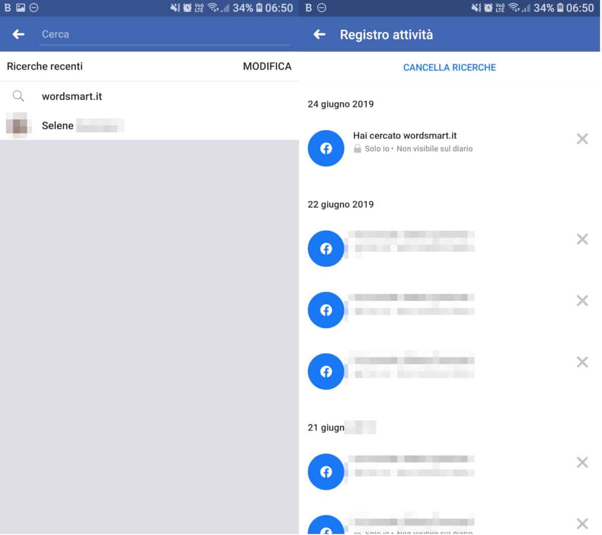 cancellare le ricerche Facebook app iOS e Android