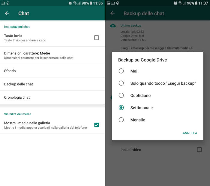 come esportare chat WhatsApp backup