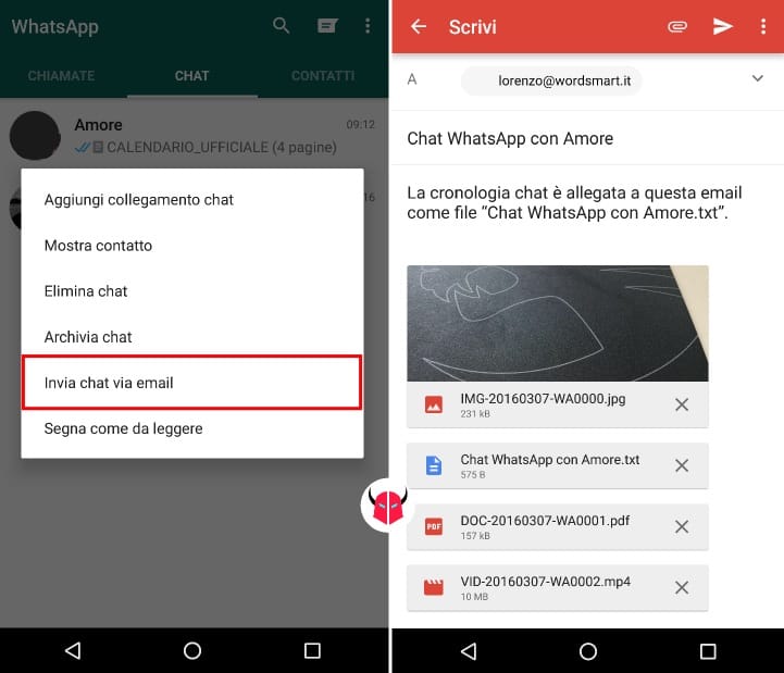 esportare chat WhatsApp email Android