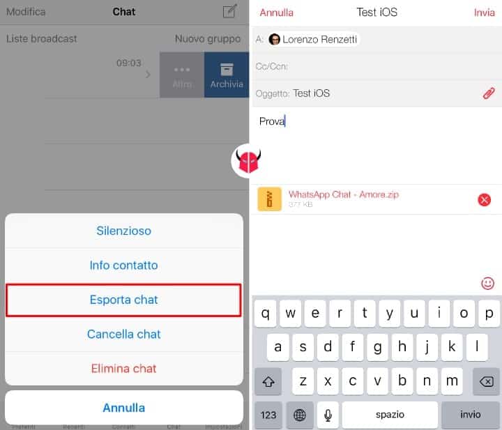 esportare chat WhatsApp email iPhone