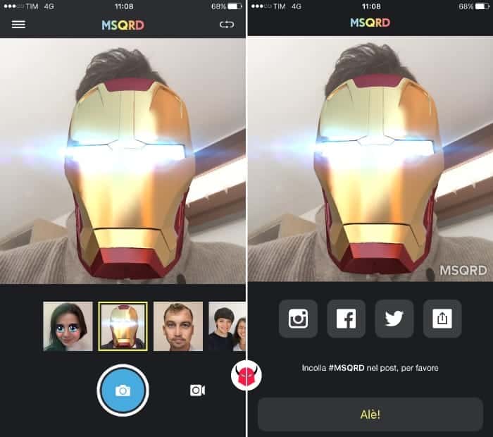 fare selfie con MSQRD effetti fotocamera iOS Android