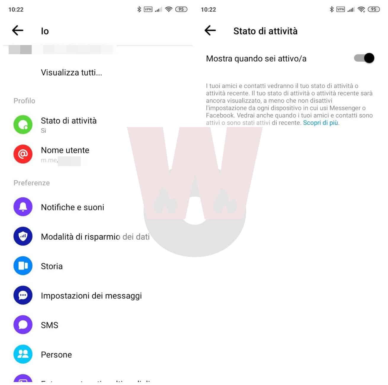 come nascondere ultimo accesso Messenger stato attività app