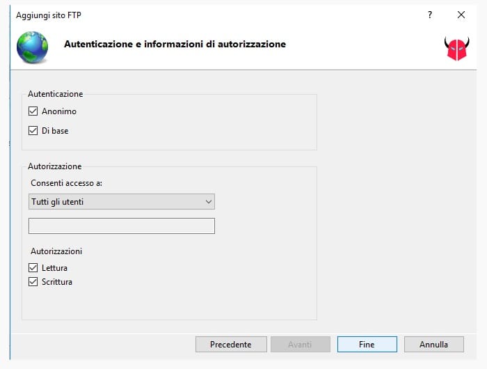 creare server FTP Windows 10 Autenticazione e Autorizzazione IIS