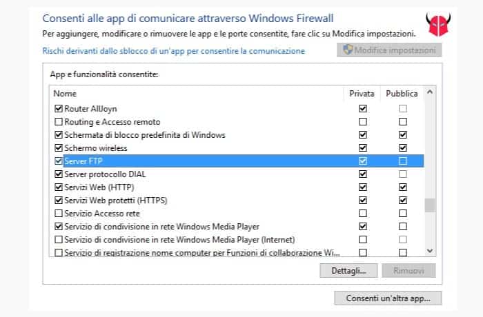 creare server FTP Windows 10 eccezione Firewall