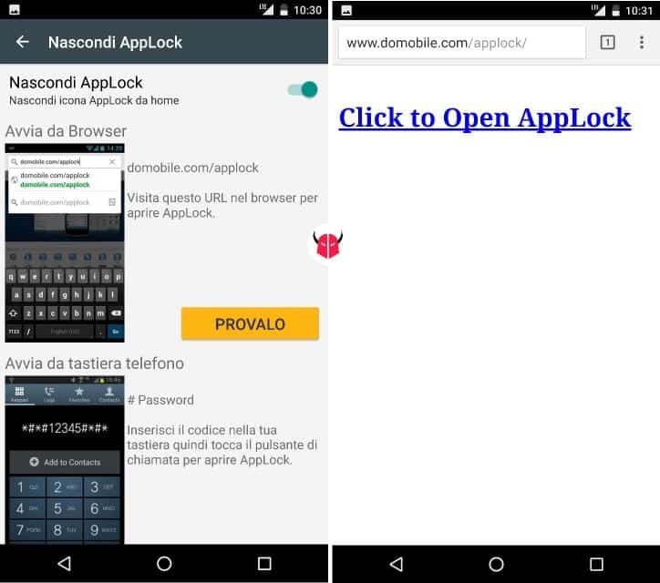 disinstallare app locker su Android avvio da browser AppLock