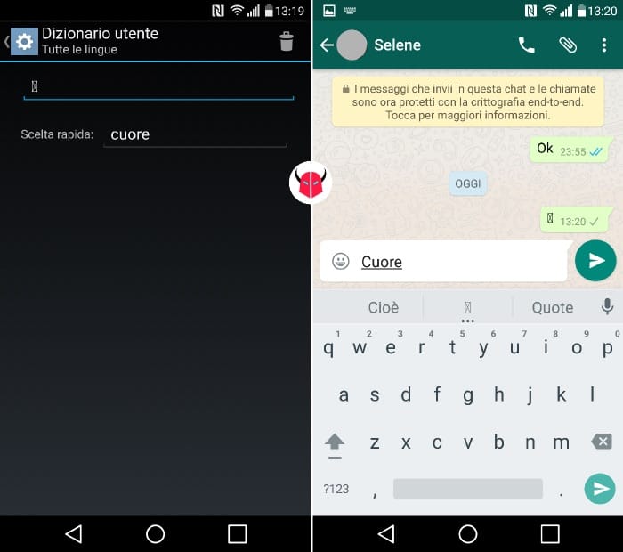 fare cuore nero su WhatsApp con Android scelta rapida