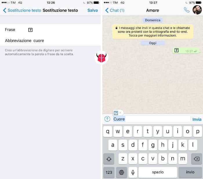 fare cuore nero su WhatsApp con iPhone scelta rapida