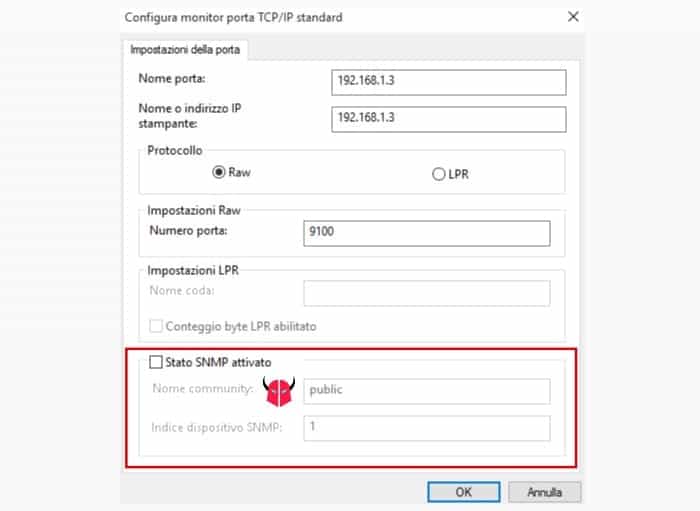 mettere stampante online rimuovere offline SNMP Windows