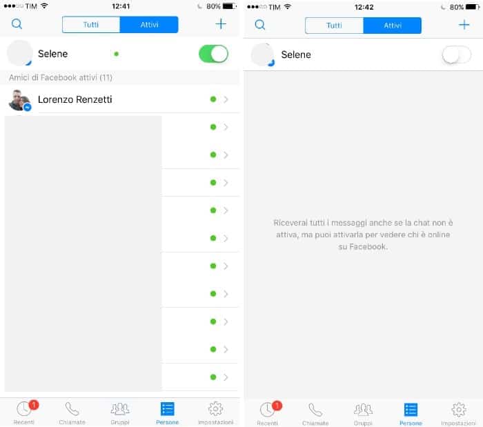 nascondere stato online Messenger lista contatti attivi iPhone