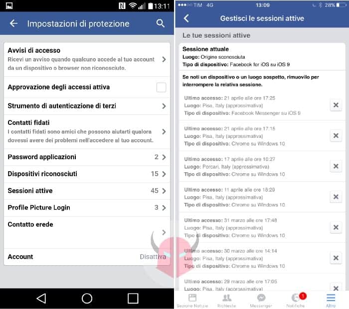 vedere chi ti spia su Facebook sessioni attive Android e iOS