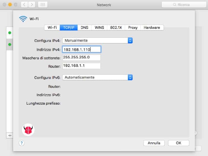 assegnare IP stato al Mac manualmente WiFi
