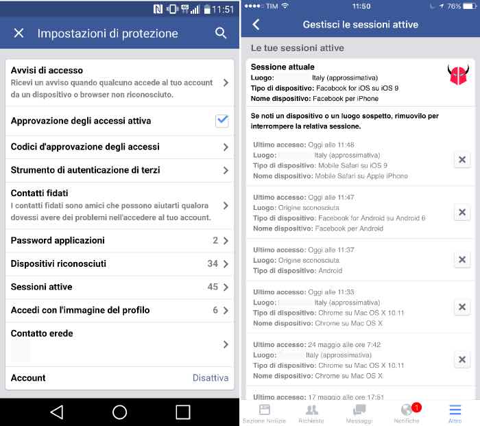 come controllare accessi Facebook con iPhone e Android