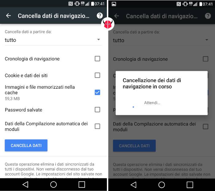 come pulire Android cancellazione cache Google Chrome