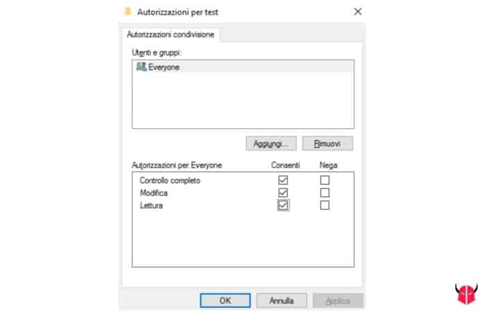 condividere cartella su Windows 10 autorizzazioni