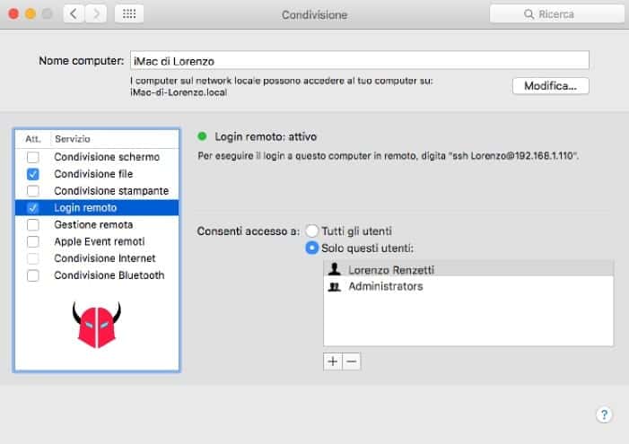 creare server FTP Mac OS X login remoto SSH e SFTP