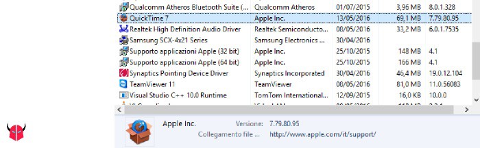 disinstallare QuickTime da Windows rimozione da Programmi e funzionalità